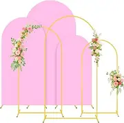 FUHSY Metal Arch Backdrop Stand Set of 3 with Cover 1.2M 1.5M 1.8M Wedding Arch Stand Arched Frame and Pink Arch Covers Stretchy Backdrop Spandex for Birthday Party Baby Shower Ceremony Decor