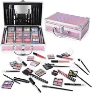 YBUETE Makeup Kit with Train Case for Teen Girl Women, Full Starter Cosmetic Set, Beginner Makeup Present, Reusable Full Cosmetic Train Case for Girl, Included Eyeshadow Blush Contour Eyebrow (Purple)