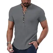 Men's Linen Shirt Band Collar Shirt Popover Shirt Summer Shirt Beach Wear Casual Shirt Plain Vacation Casual Black White Red Khaki Short Sleeve Band Collar Sum