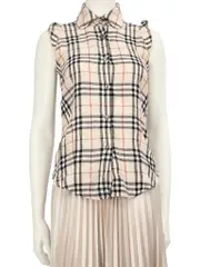 Beige Checkered Sleeveless Shirt