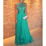 A-Line Evening Gown Elegant Dress Formal Wedding Guest Sweep / Brush Train Sleeveless Jewel Neck Chiffon with Rhinestone