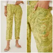Anthropologie Pilcro The Wanderer Low Rise Floral Pants Sz 32 Green Chartreuse