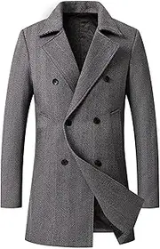[Qolkmuiy-GJ] Mens Regular Fit Wool Blend Coat Double Breasted Woolen Trench Coats Fashion Thick Long Peacoat Trench
