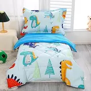 Wowelife Dinosaur Toddler Bedding Sets for Boys, 4 Pieces Toddler Bed Sheets Sets Kids Dino Comforter Set with Comforter, Flat Sheet, Fitted Sheet and Pillowcase, Blue Dinosaur