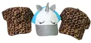 Lot Of 3 Girls Baseball Caps Hats Adjustable One Size - Leopard Print - Unicorn