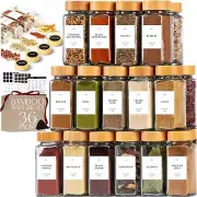 Complete 36 Glass Spice Jar Set with Bamboo Lids, Labels & Sifter Pour Lids