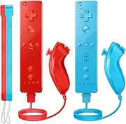 PGYFDAL Wii Controller 2 Pack, Wii Remote Controller and Nunchuck Joystick with Silicone Case and Wrist Strap for Holiday (Red and Blue)