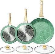 Nonstick Frying Pan Set with Lid, 8" 9.5" and 11" Non Stick Frying Pan Set, Green Pan Frying Pan Skillet Set Omelette Pan Healthy Cookware, PFOA Free, Anti-Warp Base with All Stove Tops Available
