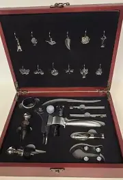 New VIP 21-Piece Wine Set Corkscrew Bar Tools Charms Wooden Box NIB