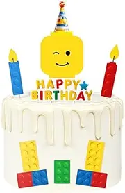 Building Blocks Cake Topper, Color Construction Bricks Cake Decorations Set, Candle Idea Building Bricks Happy Birthday Cake Toppers, Bulid Party Supplies Theme for Boys Girls Kids Baby