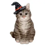 7.5" Adorable Cute Grey Tabby Cat Wearing Wizard Hat Statue Figurine