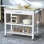 Unovivy 45" Kitchen Island Cart, 3 Tier Kitchen Island on Wheels with Storage Drawer, 2 Shelves & Towel Rack, Rolling Kitchen Island with Wood Top, Simple Design Island Table for Kitchen, Pure White