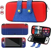 GLDRAM Carrying Case of Mario Theme for Nintendo Switch OLED, Portable Switch Travel Accessories Bundle with Red & Blue Gradient OLED PC Protective Skin Shell, Screen Protector and 2 Thumb Caps