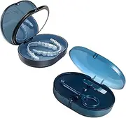 Checkzed Double-Layer Retainer Storage Case with Waterproof Removal Tool, Cleaning Brush, Built-in Mirror Orthodontic Retainer Case, Mouth Guard Case, Denture Case（Blue）