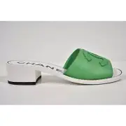 Chanel 22S Green Calfskin Leather White CC Logo Mules Slide Sandal Heel Flat 37