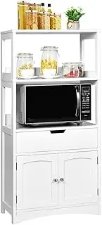 Giantex Floor Storage Cabinet, Freestanding Organizer w/ 3-Tier Rack, Drawer & Door, Kitchen Pantry Holder w/Anti-Toppling Mechanism, Wooden Entryway Sideboard, White