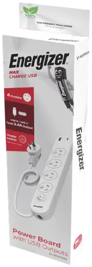 Energizer 4 Outlet Power Board with Surge Protection & 2 USB Ports
