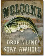 welcome Bass Fishing Metal tin sign Cabin fishing home Bar Shop Wall decor #1669
