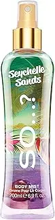 So...? Summer Escapes Seychelle Sands Body Mist for Women – 200ml Fragrance Spray – Exotic Fruity-Floral Scent with Peach, Pineapple, Melon, Rose, Violet, and Sandalwood – Long-Lasting and Refreshing