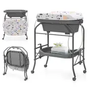 Costway Foldable Changing Table w/Bathtub Waterproof Pad & Storage Shelf Diaper Changing Station on Wheels Babies