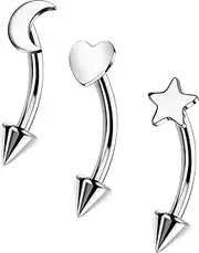[OUFER] 3PCS Vertical Labret Lip Jewelry, Silver Gold Black Titanium Rook Eyebrow Piercing Jewelry, Curved Barbells 16G, Daith Rook Helix Earrings, Eyebrow Lip Rings for Women Men-Heart/Star/Moon
