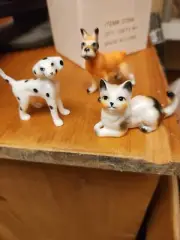 Set Of 3 Small Porcelain Animals, Calico Kitty, Dalmation, Terrier