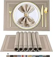 Artand Placemats, Heat-Resistant Placemats Stain Resistant Anti-Skid Washable PVC Table Mats Woven Vinyl Placemats, Set of 6 (Beige)