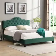 IHOMDEC Upholstered Velvet Button Tufted Crown Shape Double Size Bed Frame Green BEF05