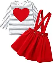 [YOUNGER TREE] Toddler Baby Girl Valentine's Day Outfit Long Sleeve Dot Heart Shirt Top+Suspender Strap Red Skirts Set(6M-5T)