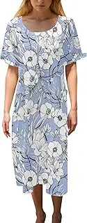 [Generic] Dresses for Women Party Wear - Summer Dresses for Girls Purple Casual Maxi Dress Floral Summer Dress Plain Floral Dress Vintage Floral Print Shirt Dress Round Neck Short Sleeve Dresses
