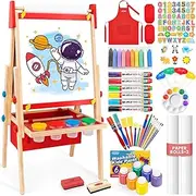 Art Easel for Kids Easel for Toddlers, Adjustable Wooden Kids Drawing Easel with Magnetic Whiteboard & Chalkboard, Kids Dry Erase Board,Easel for Kids Ages 3 4-8 9-12, Red w/Bag