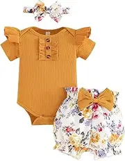 [GDTOGRT] Baby Girl Clothes Newborn Infant Outfit Ruffle Romper and Short Pants Clothing Sets for Summer Spring, Brown - Wisdom, 12-18 Months