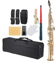 ACAGALA Brass Straight Soprano Sax Saxophone Bb B Flat Woodwind Instrument Natural Shell Key Carve Pattern with Carrying Case Gloves Cleaning Cloth Straps Cleaning Rod