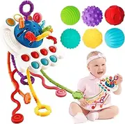 Qizebaby Montessori Toys for Babies,UFO Shape Colorful Pull String Teether Toy，Soft Teething Sensor Balls Sets，2 in 1 Baby Sensory Toys for 6-12 Months，Fine Motor Skills Toys for Toddlers Boy Girl 1-3