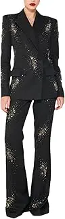 [HEYDHSDC] Women's Suit Set Crystal Rhinestones Beaded Blazer Flare Pants Set 2Pcs