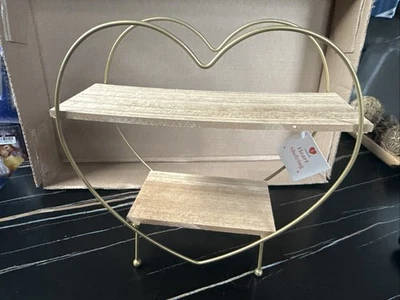2-Tier Heart Shaped Wood Shelf Gold Metal Framed Free Standing Shelving Decor