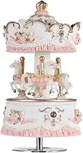 Carousel Music Boxes for Girls, 3-Horse Rotating Windup Color Change LED Lights Melody Castle in The Sky Musical Gift for Daughter Birthday Christmas Festival Music Box Artware (Luxury Pink)
