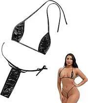 [NSKRKOW] One Piece Bikini Women's Three-Point Monokini PU Leather Swimsuit Sexy Halterneck Swimsuit Triangle Push Up String Bikini String Body Backless Erotic Swimwear
