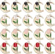SUNNYCLUE 1 Box 24Pcs 4 Colors Gold Moon Charms Enamel Rose Charms Bulk Large Golden Moons Roses Shaped Romantic Flower Charms for Jewellery Making Charms Diy Bracelets Necklaces Earrings Findings