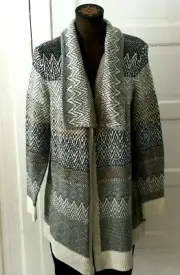 CJ Banks Women's Open Knit Long Cardigan Sweater Size XL Gray Beige Collared