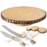 Wood Cake Stand- /w Wooden Slice Cake Topper and Cake Cutting Set, 12” Rustic...