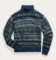 RRL Ralph Lauren Indigo Blue Fair Isle Thick Knit Turtleneck Mens Extra-Large XL