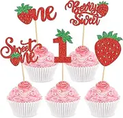Ercadio 24 Pack Sweet One Cupcake Toppers Glitter First Birthday Strawberry Cake Picks for Fruit Baby Shower 1st Birthday Berry Sweet Cupcake Decorations Party Decor Supplies