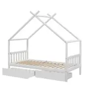 Artiss Bed Frame Wooden Base Kids Single Timber House with 2 Storage Drawers Beds White
