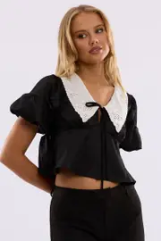 Black Babydoll Top Short Sleeve Collared Satin - Size 12M, Women's Top