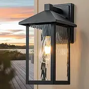 FTL Outdoor Wall Lights Fixture, E27 Exterior Wall Lighting, Modern Outside Porch Light with Water-Rippled Glass, IP44 Waterproof Outdoor Wall Sconce Lamps for Patio, House, Garage, Matte Black