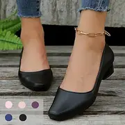 Women's Black Low Heel Pumps – Classic Round Toe Slip-On Shoes for Office, Work, and Formal Occasions