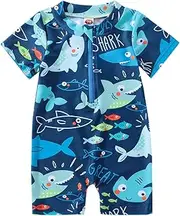 [CocMouse] Infant Baby Boys Shark Swimsuit Zip Up One Piece Short Sleeve Summer Sun Protection Rashguard Bathing Suit, Blue, 12-24 Months
