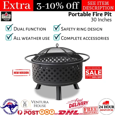 Fire Pit BBQ Grill Smoker Portable Outdoor Fireplace 30 Inch Patio Heater Pits