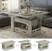 Lift Top Coffee Table, 4 in 1 Multi-Function Coffee Table with Storage Shelf and Hidden Compartment, Center Table with Large Drawers, Converts to Dining Table for Living Room, Home Office (Grey)